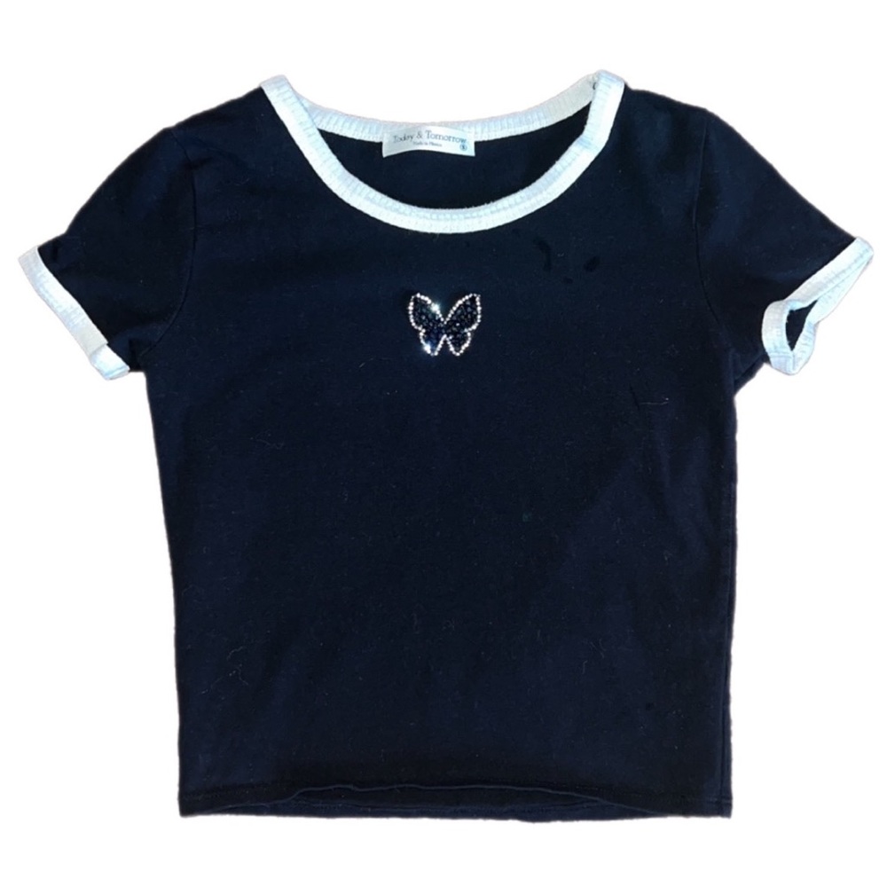 Girls Today And Tomorrow Black And White Shirt With Small Sequin Butterfly Small